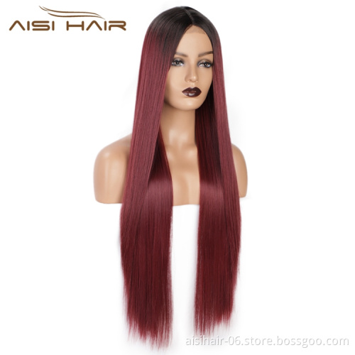 Aisi Hair Long Silky Straight Ombre Wine Synthetic Fiber Wigs For Black Women Long Middle Part Machine Made Synthetic Wigs